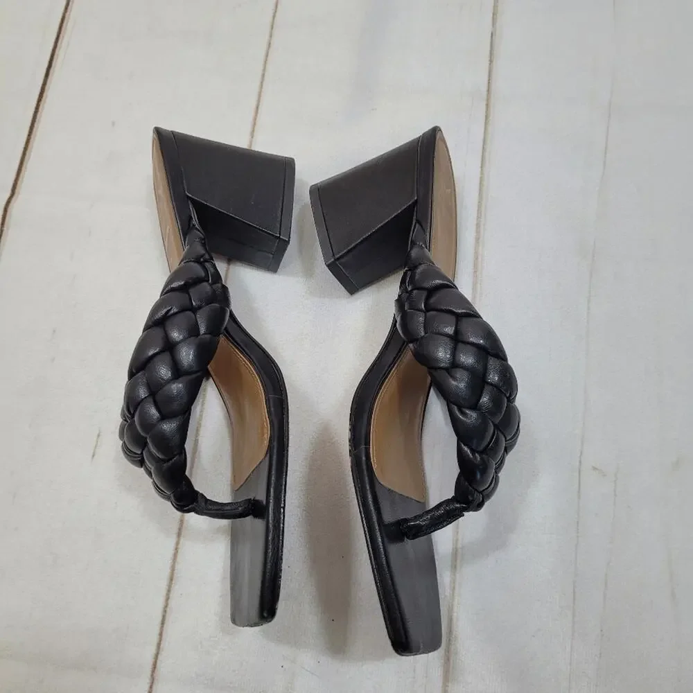 Marc Fisher Norsa braided leather black sandals block heel shoes Flip flop